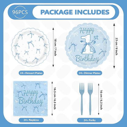 96 Pcs Blue Bow 1st Birthday Party Decoration, Serves 24 | Blue White Bow 1st - Image 5