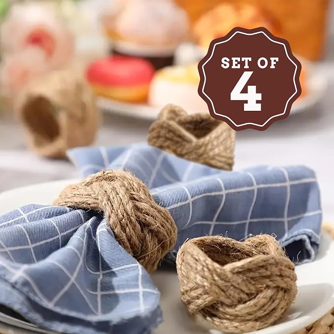 Jute Napkin Rings Set of 4 | Elegant Woven Nautical Napkin Rings | 100% Natural - Image 2