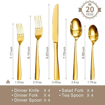 HIKAA Forged Silverware Set Stainless Steel Flatware Set,Service for 4,Matte Satin Polished Cutlery Set,Dishwasher Safe (Gold, 20PCS)