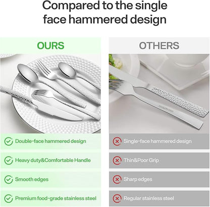 Hammered silverware set for 4 modern flatware set Heavy duty cutlery set 20piece Stainless Steel fork spoon knife set everyday kitchen, Mirror Finish Dishwasher Safe