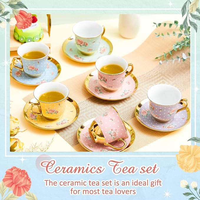 Teenyyou Set of 12 Tea Cups and Saucers Tea Party Decorations Floral Porcelain - Image 5