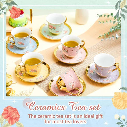 Teenyyou Set of 12 Tea Cups and Saucers Tea Party Decorations Floral Porcelain - Image 5