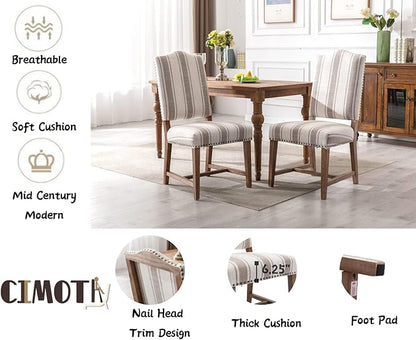 CIMOTA Mid Century Modern Dining Chairs Set of 6, Farmhouse Upholstered Dining Room Chairs Comfortable Kitchen Side Chairs with High Back/Natural Solid Wood Frame, Linen Brown/Beige Stripe