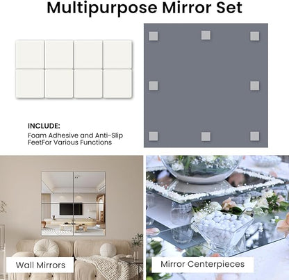 Mirror Centerpieces for Tables, 12" Square, Set of Glass Mirror Table Centerpieces with Non-Slip Foot, Candle Plate for Wedding Decorations, Parties, Christmas, 2mm Thick