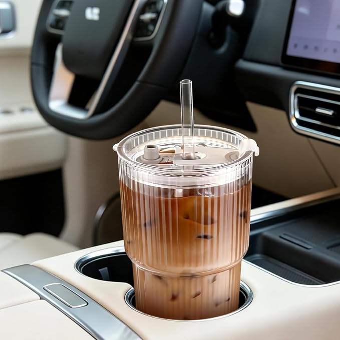 4pcs Ribbed Glass Tumbler with Straw and Lid - 20oz Reusable Iced Coffee Cups - Image 6