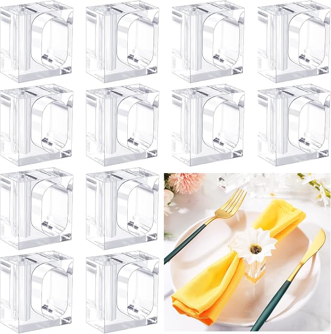 12 Pcs Acrylic Napkin Rings Clear Napkin Holder Bulk | Square Flower Bud Vase by Meanplan