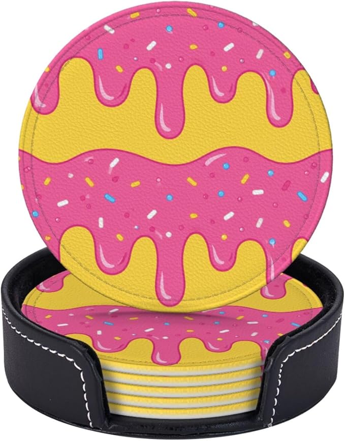 Pop Art Sweet Donut Leather Coasters Set of 6 by NeuKim