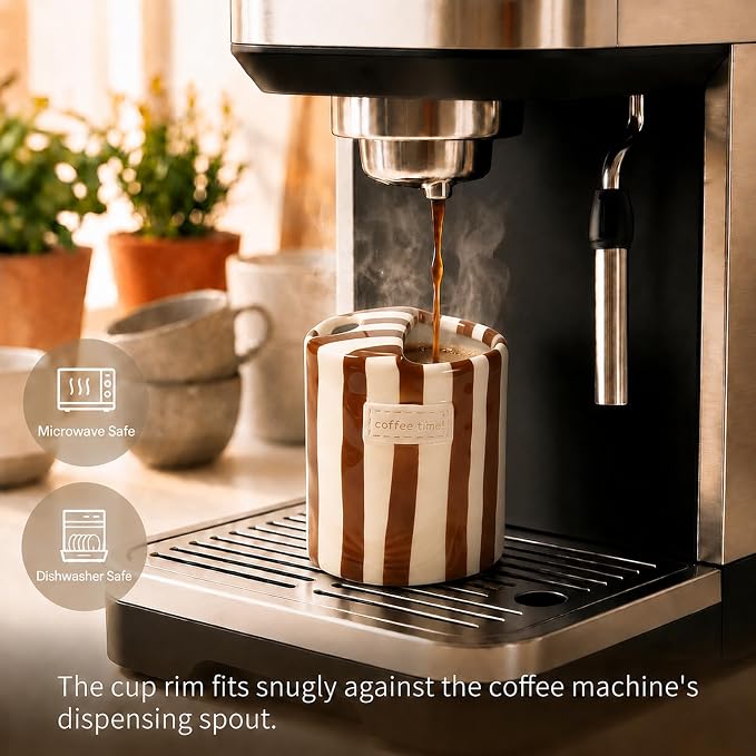 Ceramic Coffee Mug with Half Lid, 12oz Handmade Retro Striped Travel Mug - Image 3