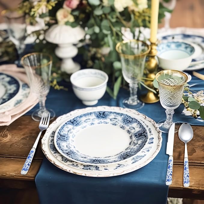 5 Pcs Chinoiserie Silverware Set Blue White Porcelain Ceramic | Stainless Steel - Image 3
