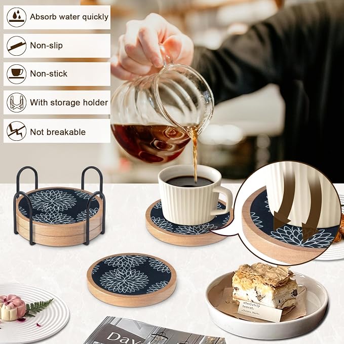 Wood Coasters Set of 4 with Holder, Cewiru Cup Mat - Image 2