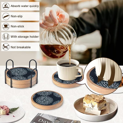 Wood Coasters Set of 4 with Holder, Cewiru Cup Mat - Image 2