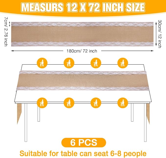 Tatuo 6 Pcs Lace Burlap Table Runner 12'' x 72'' Rustic Jute Hessian Farmhouse - Image 2