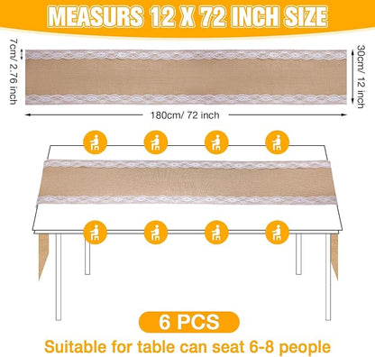 Tatuo 12 Pcs Lace Burlap Table Runner 12'' x 72'' Rustic Jute Hessian Farmhouse - Image 2