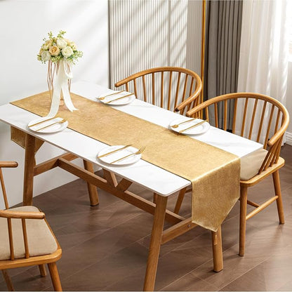 BALCONY & FALCON Table Runner Faux Linen Shimmer Gold 14"x51" | Tasselled - Image 5