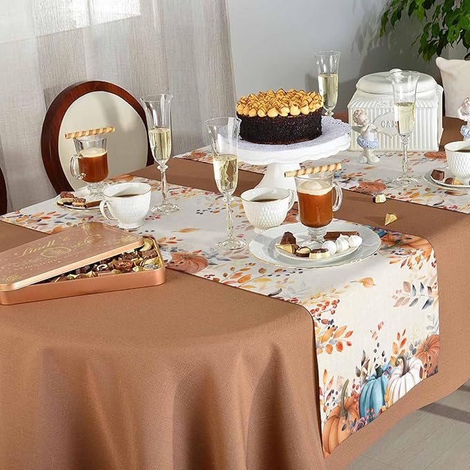 Orange Blue Pumpkin Fall Table Runner 108 Inches Long, Thanksgiving Eucalyptus - Image 5