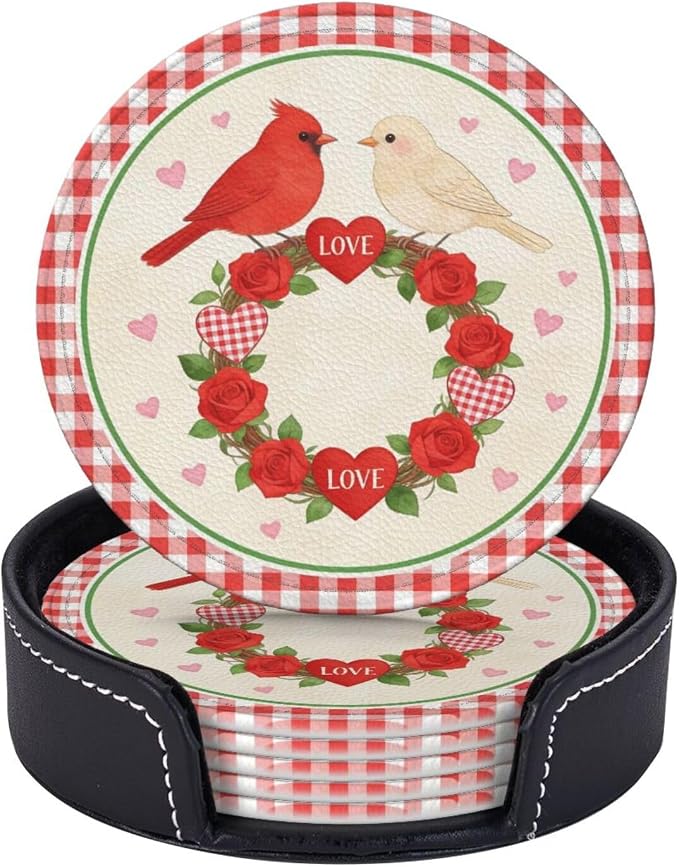 Love Rose with Birds Leather Coasters Set of 6 with Holders - Image 8