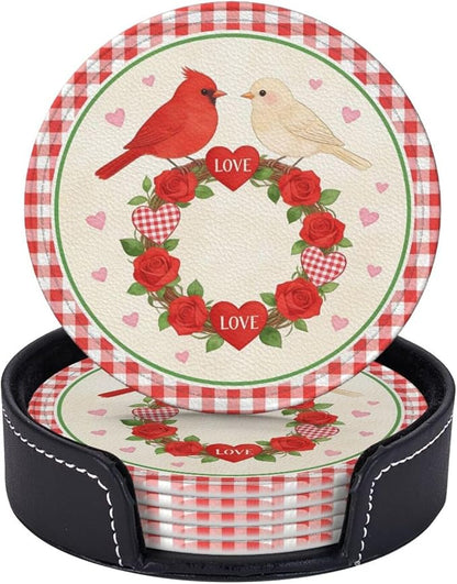Love Rose with Birds Leather Coasters Set of 6 with Holders - Image 8