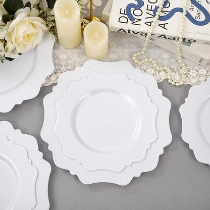 COLOSUS 100 pcs White Plastic Plates Set,Fancy Beaded Plates-European Retro plates include 50 dinner plates and 50 dessert plates,Plastic Disposable plates for BBQ and Party