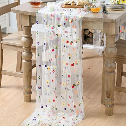 Artoid Mode Milky White Floral Gauze Embroidery Table Runner 120 Inch 10FT | - Image 4