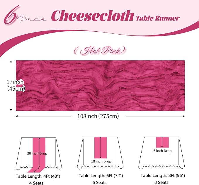 6 Pack Hot Pink Cheesecloth Table Runner, 17 x 108 inch, Semi Sheer Boho Cheese - Image 3