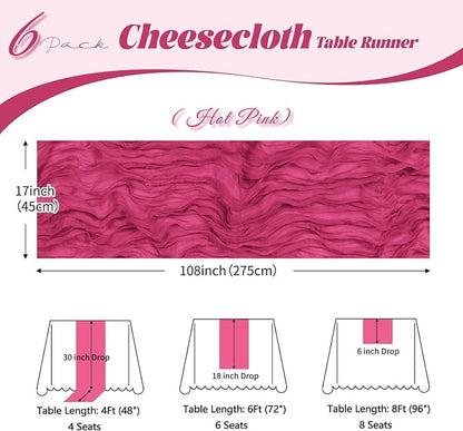 6 Pack Hot Pink Cheesecloth Table Runner, 17 x 108 inch, Semi Sheer Boho Cheese - Image 3