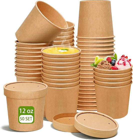 DI QIU REN 50 Pack 12oz Soup Containers with Vented Lids, Disposable Paper Soup Bowls Ice Cream Soup Cups, Microwavable and Freezer Safe for Hot Drinking, Food, Ice Cream (50 Pcs - Kraft, 12 oz)