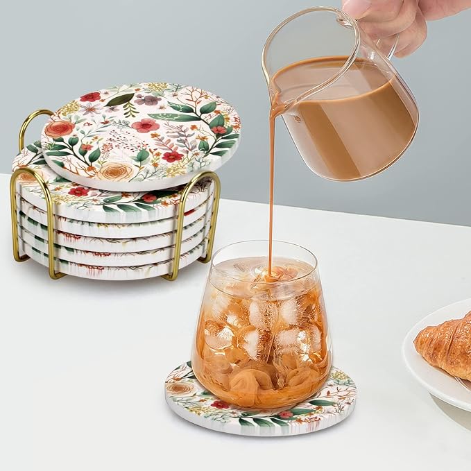 Cute Flower Absorbent Drink Cup Coasters Set of 6 Floral Coffee Table Decor | - Image 5