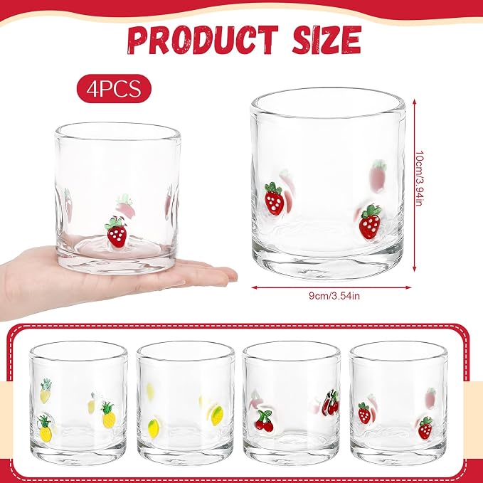 4 Pcs Fruit Icon Juice Glasses | 14oz Cute Pattern Stemless Wine Glass - Image 2