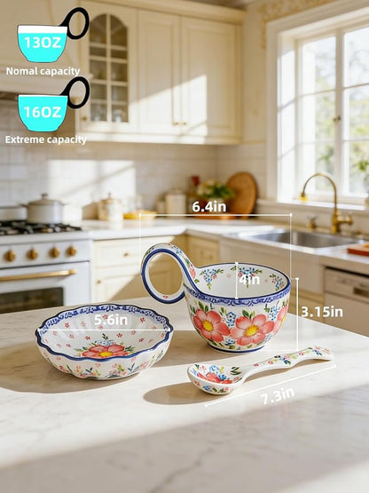 silesia Handmade Loop Handle Soup Bowl, Plate and Spoon Set Ceramic Hand - Image 2