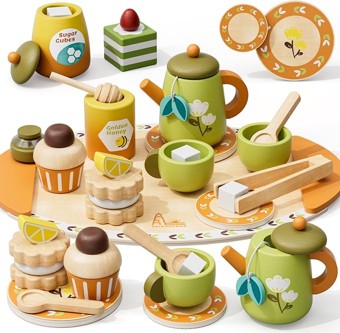 Wooden Tea Party Set for Toddlers 3-5 by RRIBOUDWAN