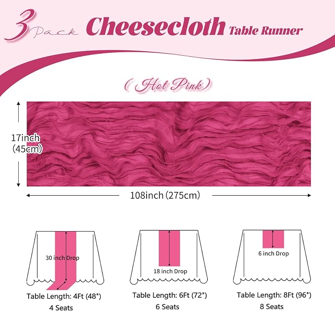 3 Pack Hot Pink Cheesecloth Table Runner, 17 x 108 inch, Semi Sheer Boho Cheese - Image 3
