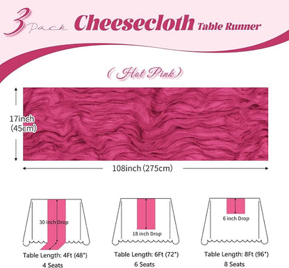 3 Pack Hot Pink Cheesecloth Table Runner, 17 x 108 inch, Semi Sheer Boho Cheese - Image 3