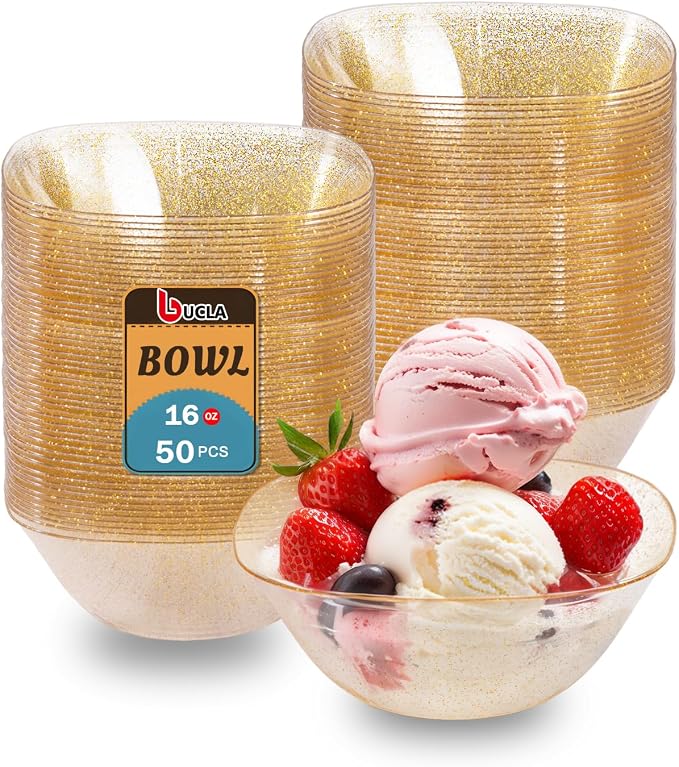 bUCLA 50Pack Gold Glitter Plastic Serving Bowls - 16oz Disposable Serving Bowls by BUCLA