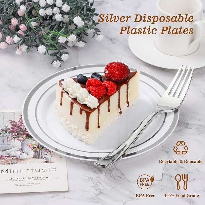 BESTVIP 50Pcs Silver Plastic Plates, 10.25 Inch Disposable Party Plates | Heavy - Image 2