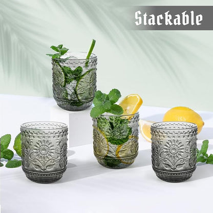 Topsky Vintage Drinking Glass Set of 4, 12 oz Embossed Floral Drinkware Set - Image 8
