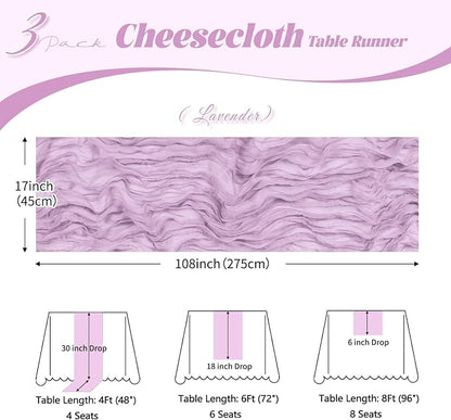 3 Pack Lavender Cheesecloth Table Runner, 17 x 108 inch, Semi Sheer Boho Cheese - Image 3