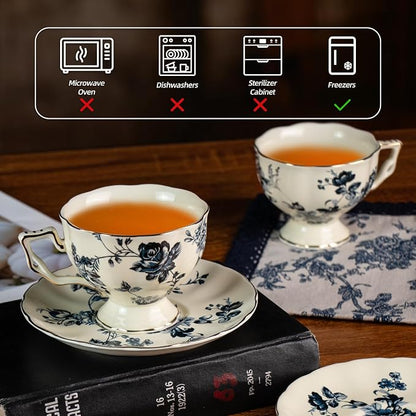 KAMMAK Tea Cups and Saucers Set of 2, 6.8 oz Porcelain Coffee Cups, 563N | - Image 3