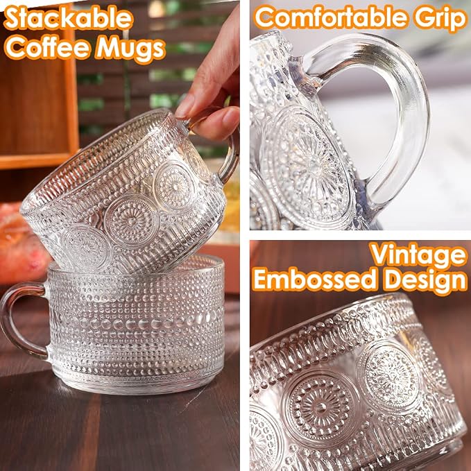 Vintage Glass Coffee Mugs Set of 4, 14 OZ Embossed Glass Coffee Cups Coffee Mugs - Image 5