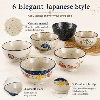 6 Pack Japanese Retro Rice Bowls Set | 4.5 Inch Small Soup Sushi Salad Dessert - Image 3