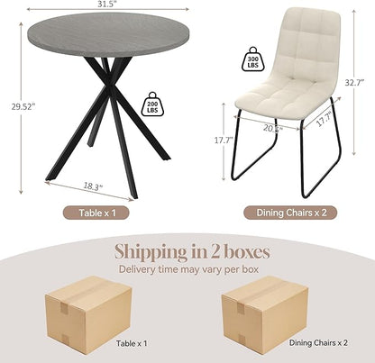 31.5" Round Dining Table Chairs Set for 2, Small Dining Table Chairs Set Space-Saving, Small Dinette Sets for 2 for Kitchen Dining Room Apartment(Gray Table + Beige Chairs)