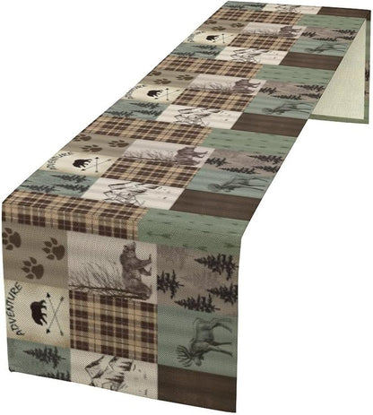 Rustic Moose Deer Bear Table Runner, Retro Vintage Bear Cottage Country Style by Yearn+Jear