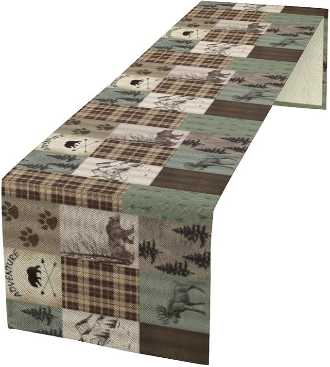 Rustic Moose Deer Bear Table Runner, Retro Vintage Bear Cottage Country Style by Yearn+Jear