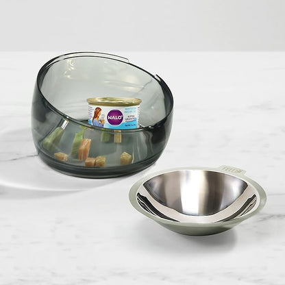 Felli Oblik Elevated Cat Bowl Removable Stainless Steel Wide Dish for Dry Wet Food Feeding & Dishwasher Clean, Slanted Whisker Fatigue Friendly Metal Plate (Smoky, 0.5 Cups Shallow Dish)