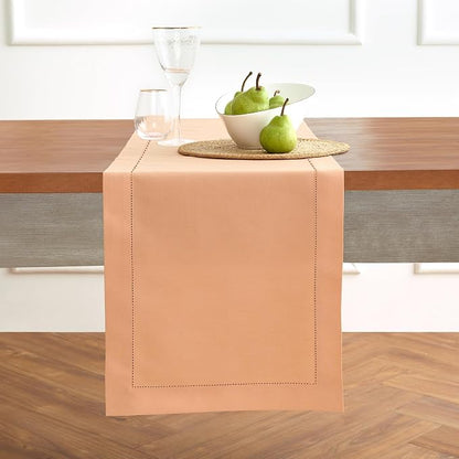 Solino Home Cotton Linen Dining Table Runner Peach Hemstitch, 14 x 120 in | by SolinoHome