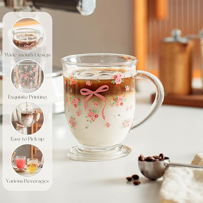 KEMORELA Pink Bow Glass Coffee Mugs Set, Cute Tea Cup - Image 4