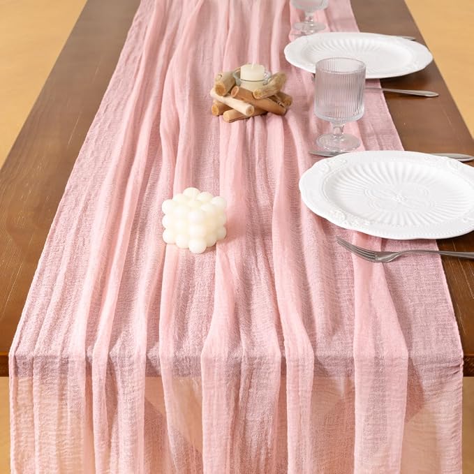 Cheesecloth Table Runner Summer Boho Wedding Shower Party Home Decor | Pink - Image 5