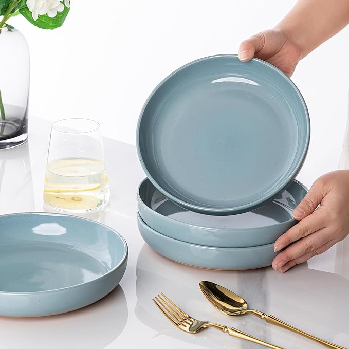AmorArc 8.75'' Large Ceramic Pasta Bowls, 36oz Handpainted Stoneware Bowls Set of 4, Microwave&Dishwasher Safe Bowls with Rustic Terracotta Underside for Pasta Salad, Blue