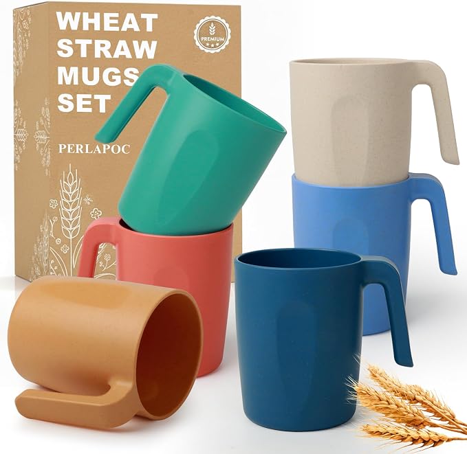 Coffee Mugs Set of 6, Wheat Straw Cups 16 OZ, Unbreakable Coffee Mugs by Perlapoc