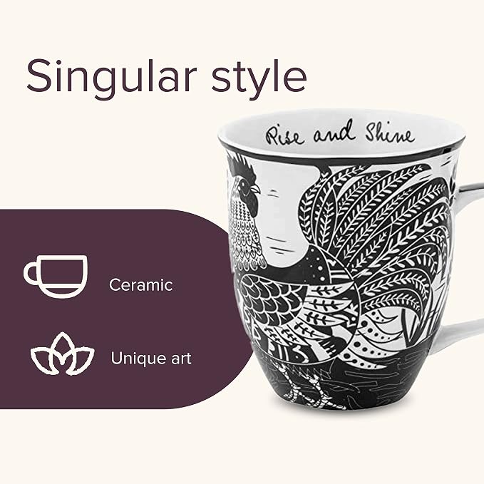 Karma Gifts 14 oz Black and White Boho Mug Rooster - Image 3