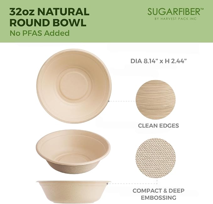 32oz Compostable Paper Bowls Disposable Round Natural Soup Bowls, Biodegradable - Image 2